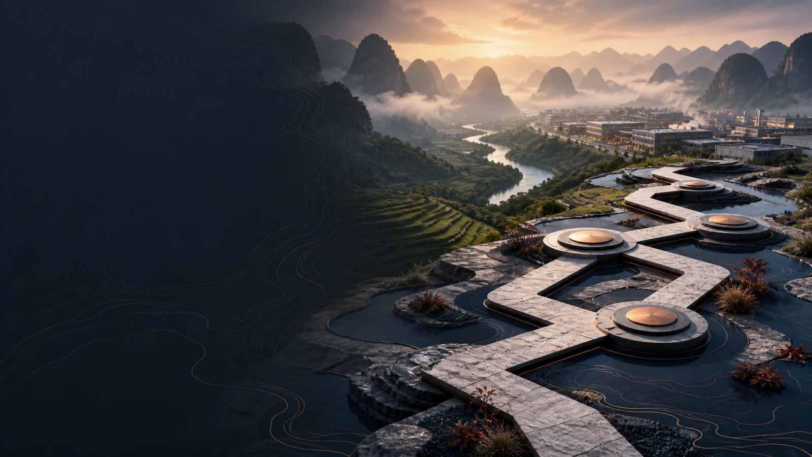 遵义山地产业与抽象地形线构成的企业经营走廊节点图