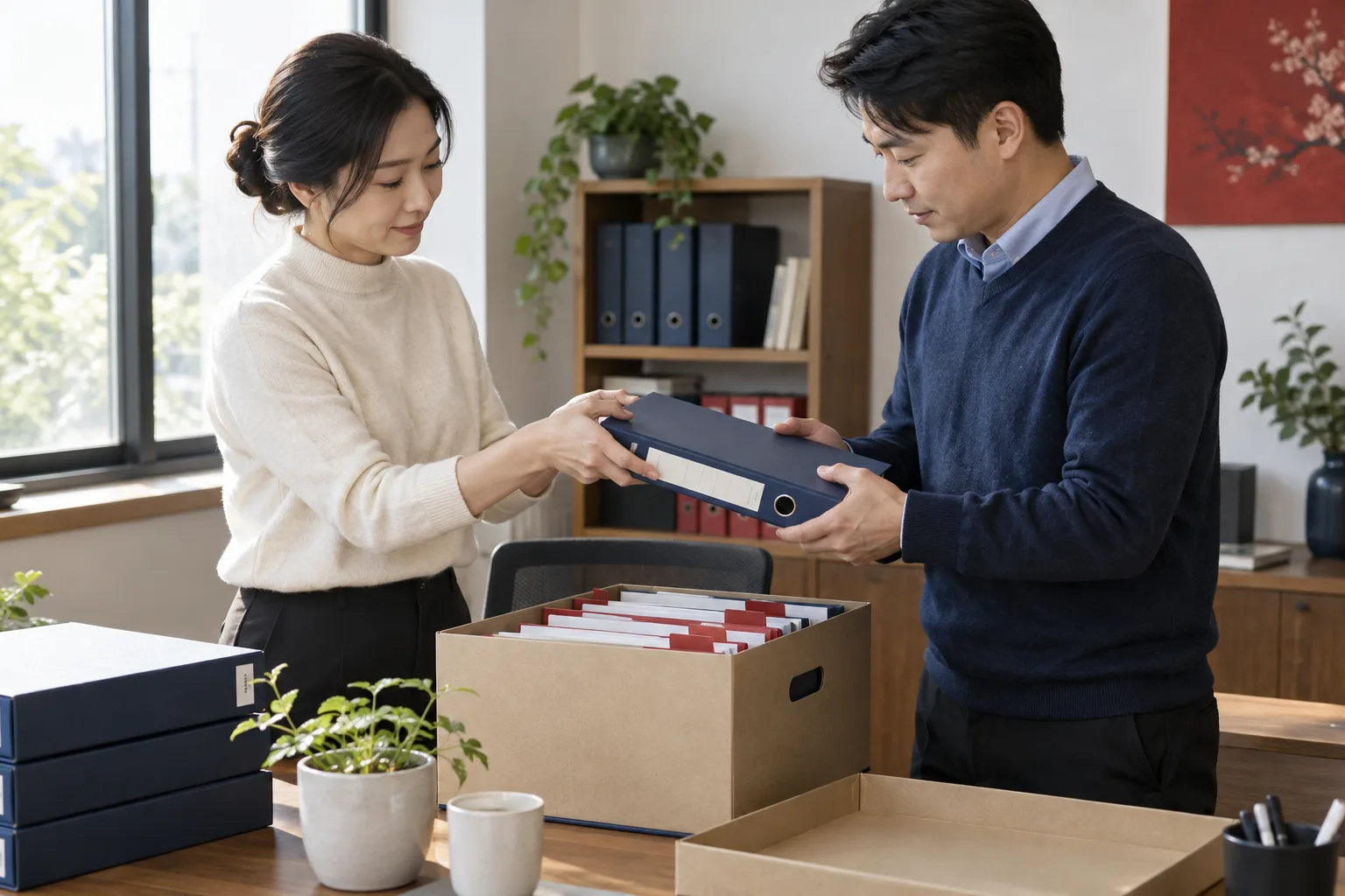 同事核对归档记录并交接文件版本的业务示意