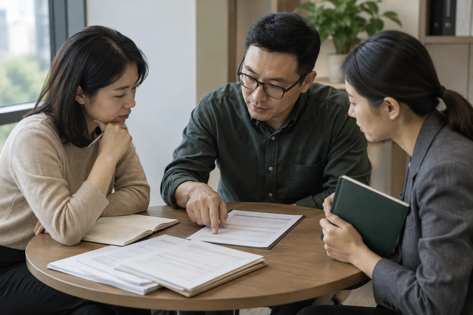 人员围绕资料内容进行沟通的场景示意