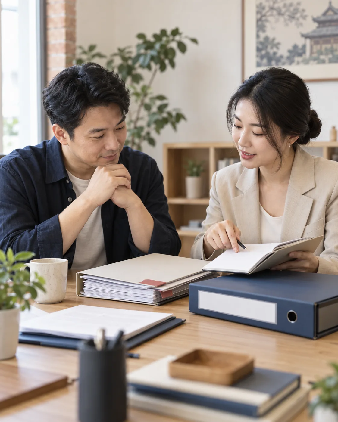 企业负责人核对报表与档案并沟通后续事项的交接场景