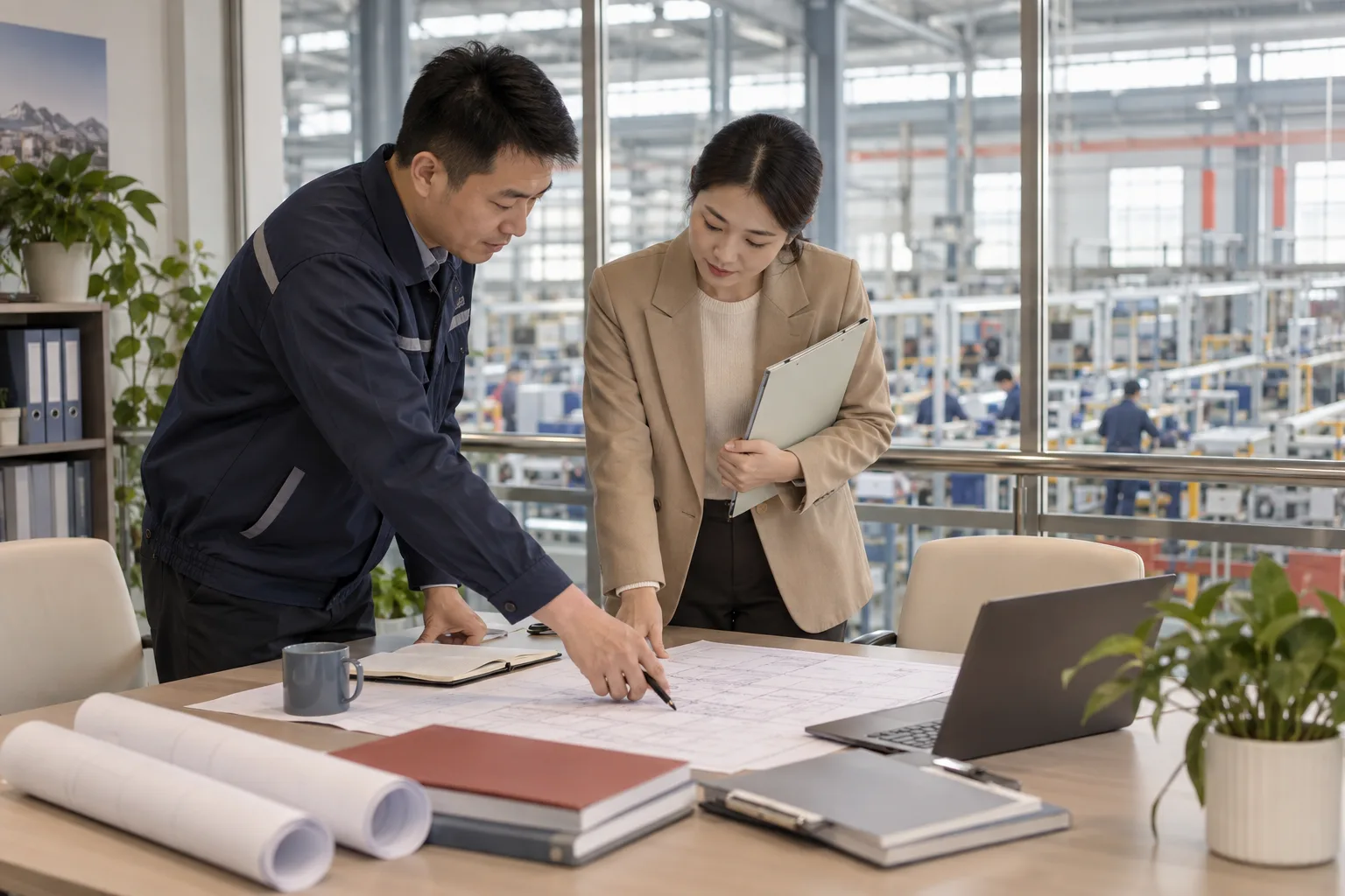 经营者围绕企业项目讨论业务说明与资料的场景示意