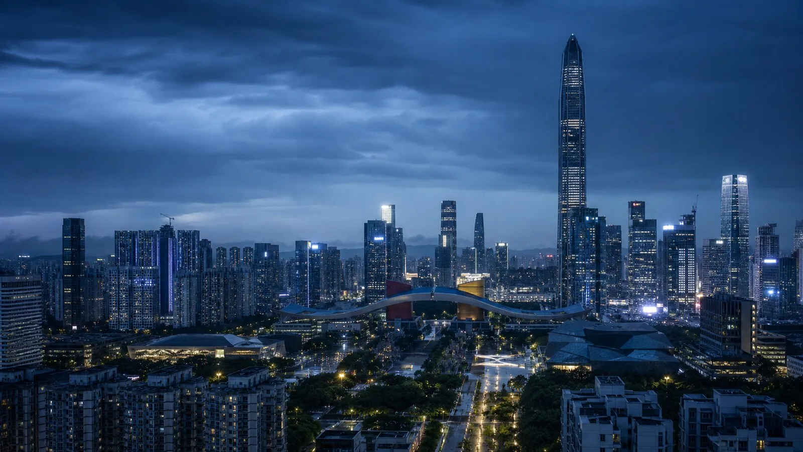 深圳福田中心区城市天际线与市民中心夜景