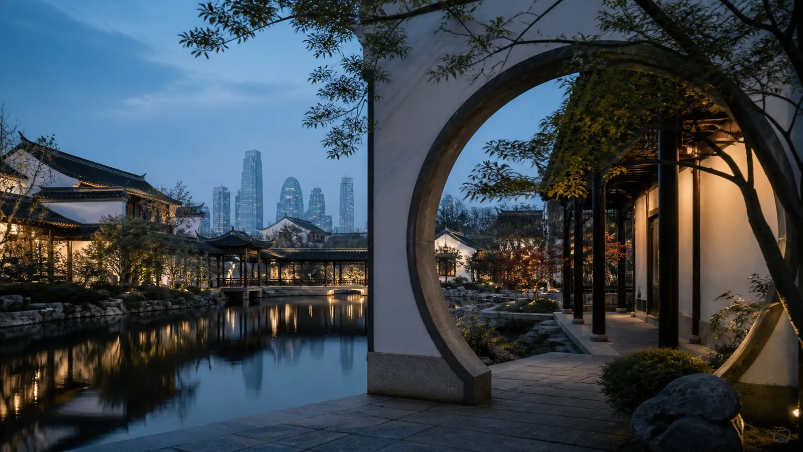 苏州园林月洞门水巷白墙黛瓦与现代城市天际线景观