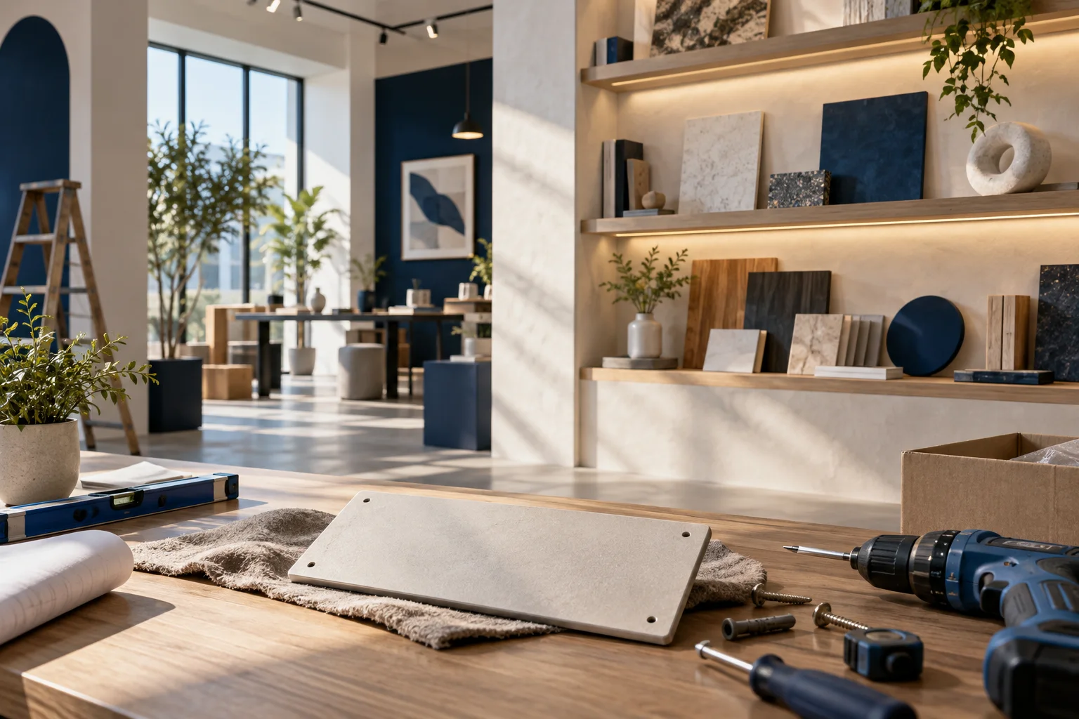 新工作室的样品展示墙刚布置好,未安装的空白门牌与工具放在前景,表达搬迁更新
