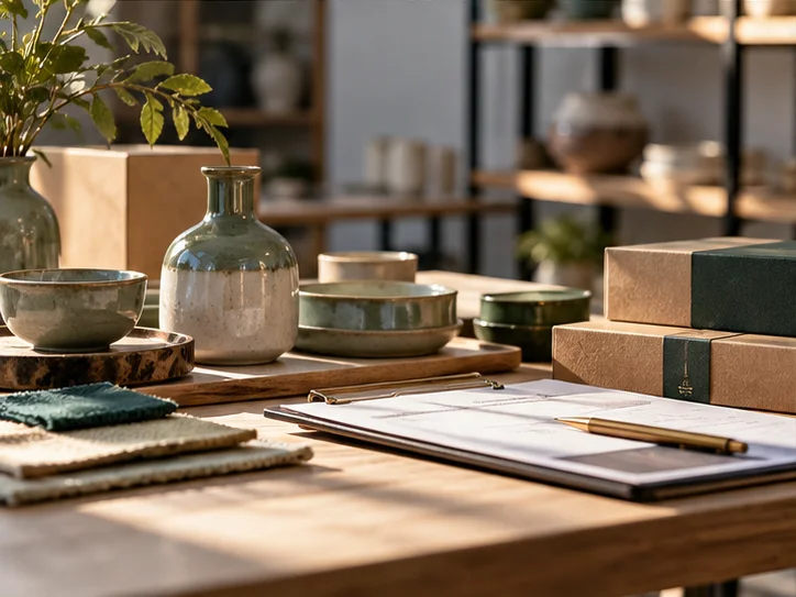 产品设计工作室的陶瓷和包装样品，旁边只有少量业务记录，账务支持产品经营的关系明确