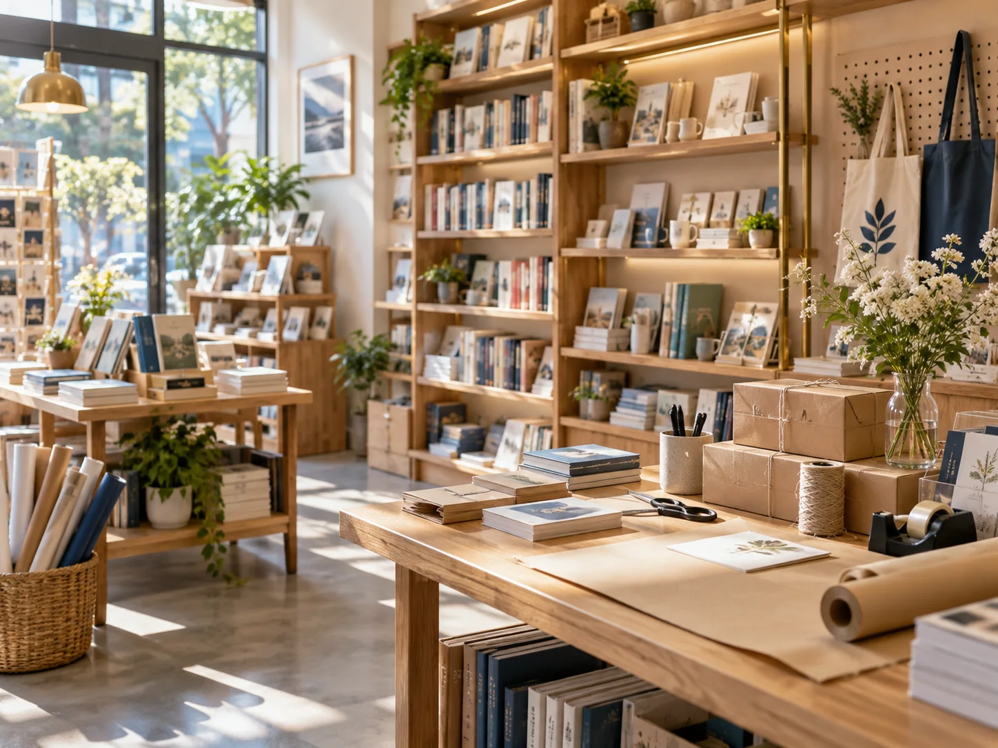 小型图书与文创门店的货架和包装区，书脊无可读文字，表现经营条件准备