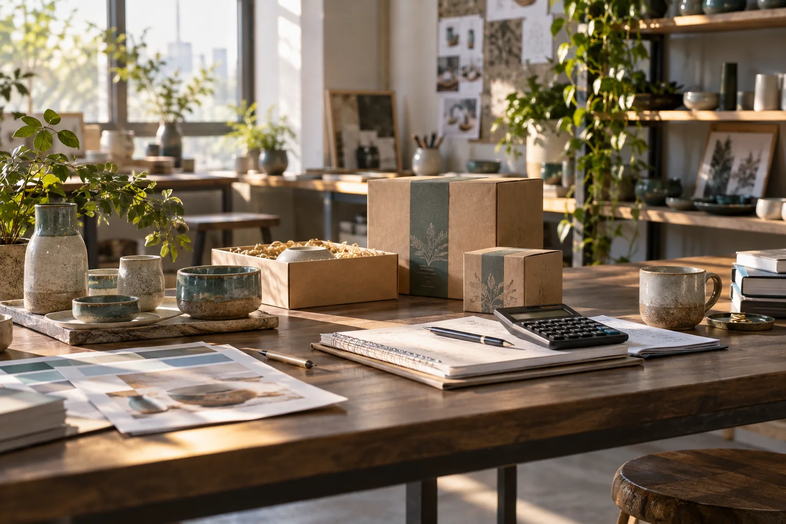 产品设计工作室的陶瓷和包装样品，旁边只有少量业务记录，账务支持产品经营的关系明确