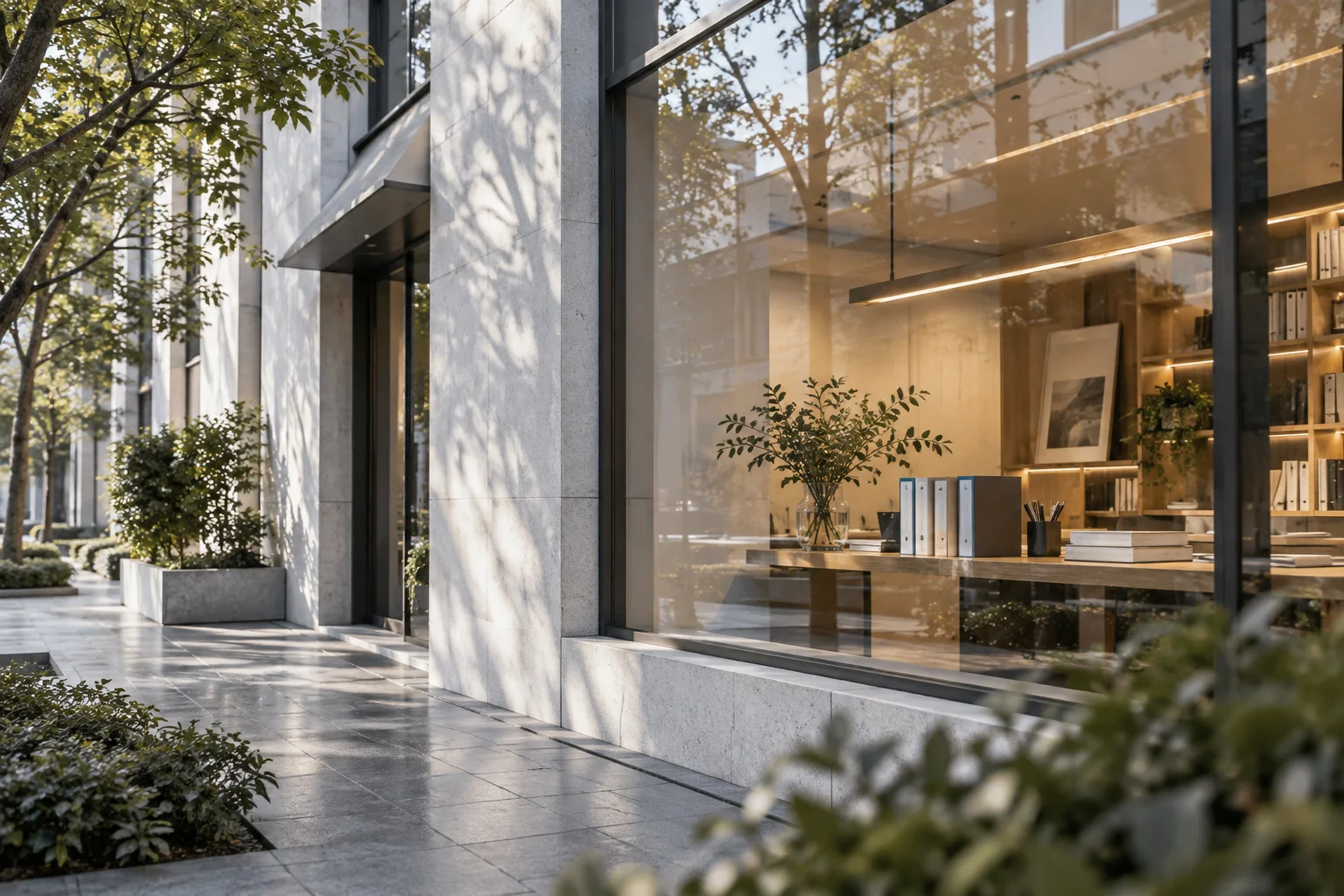晨间商业建筑的侧立面，精心布置的橱窗成为小范围暖色焦点，前景树影与材质细节丰富