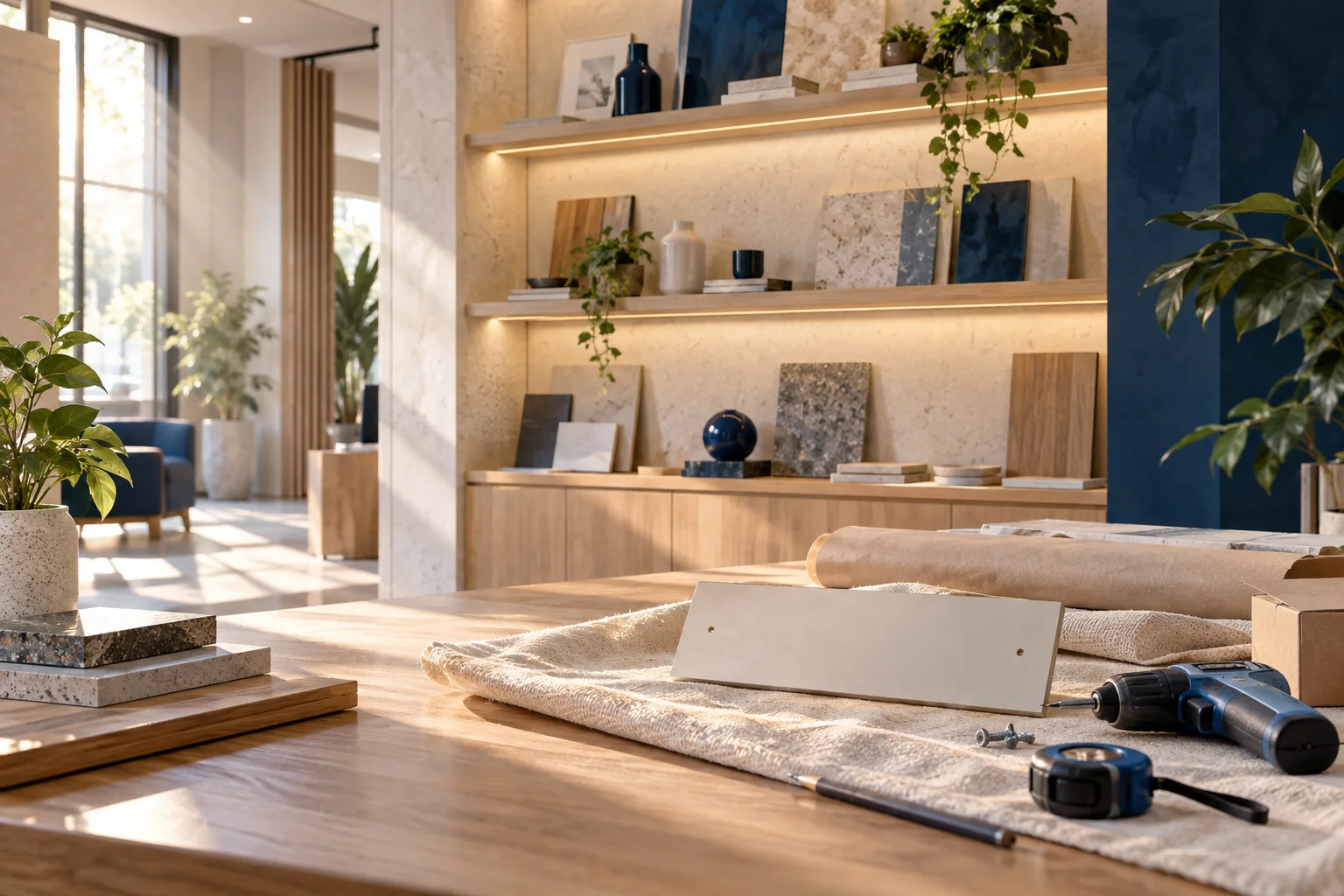 新工作室的样品展示墙刚布置好，未安装的空白门牌与工具放在前景，表达搬迁更新