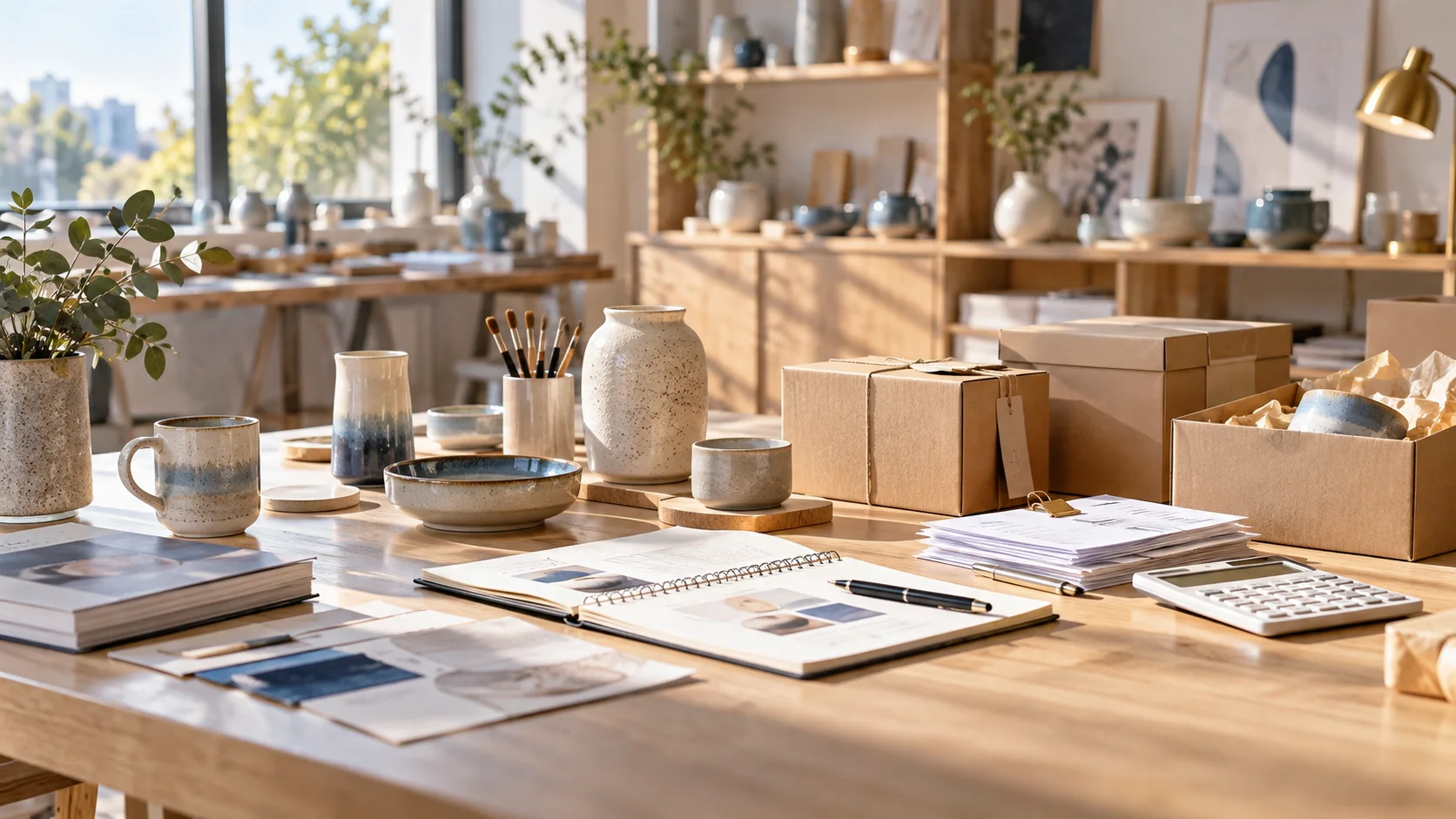 产品设计工作室的陶瓷和包装样品,旁边只有少量业务记录,账务支持产品经营的关系明确
