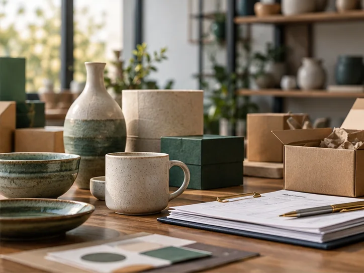 产品设计工作室的陶瓷和包装样品，旁边只有少量业务记录，账务支持产品经营的关系明确