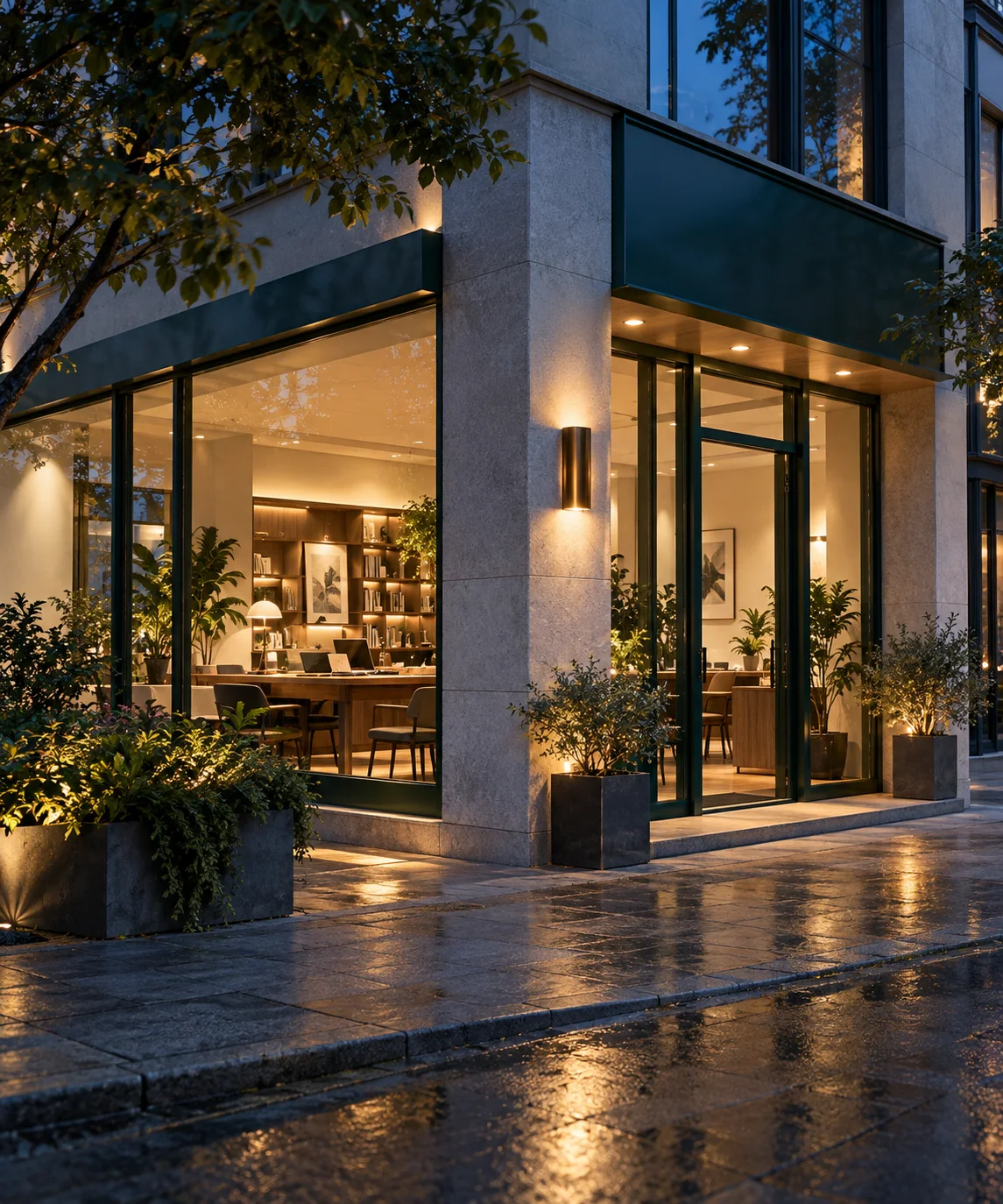 通透的现代街角独立店铺,石材门廊框住温暖的陈列空间,经营日常已从容展开