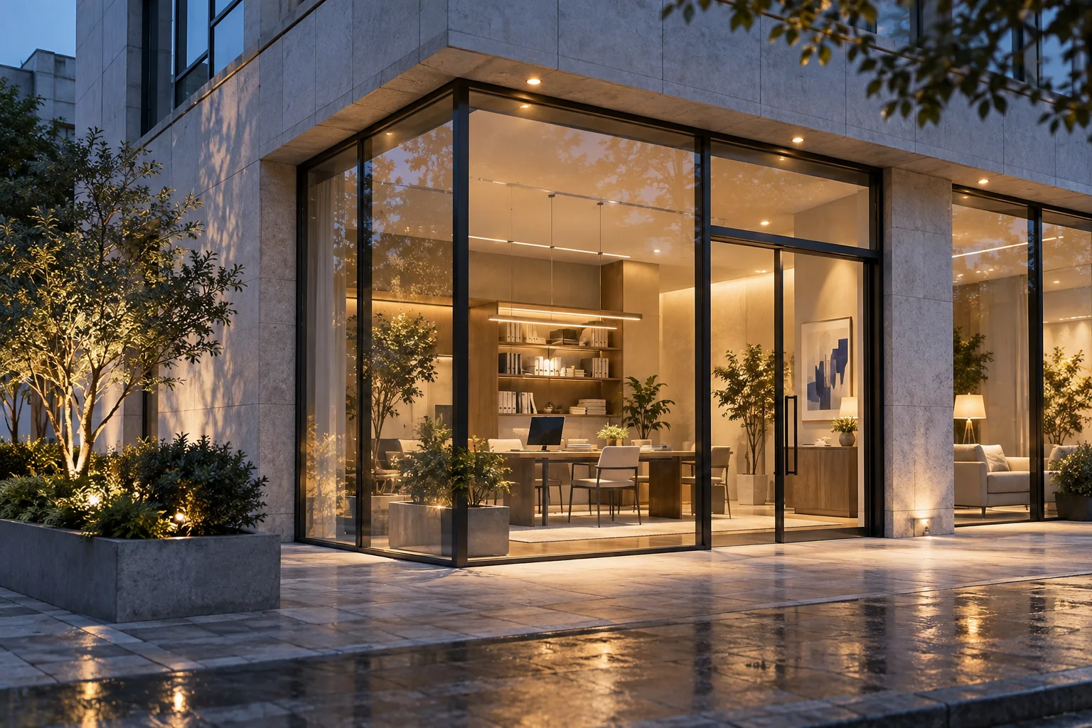 通透的现代街角独立店铺,石材门廊框住温暖的陈列空间,经营日常已从容展开