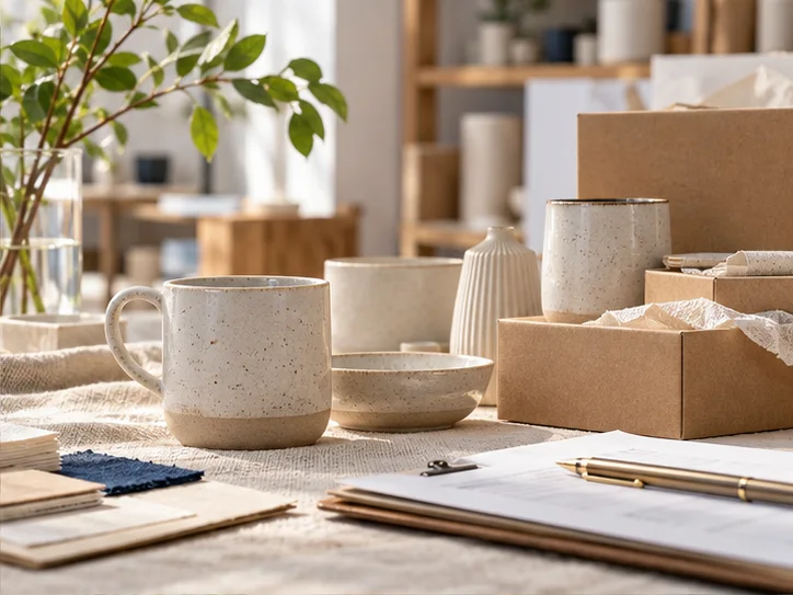 产品设计工作室的陶瓷和包装样品，旁边只有少量业务记录，账务支持产品经营的关系明确