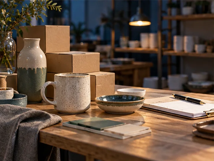 产品设计工作室的陶瓷和包装样品，旁边只有少量业务记录，账务支持产品经营的关系明确