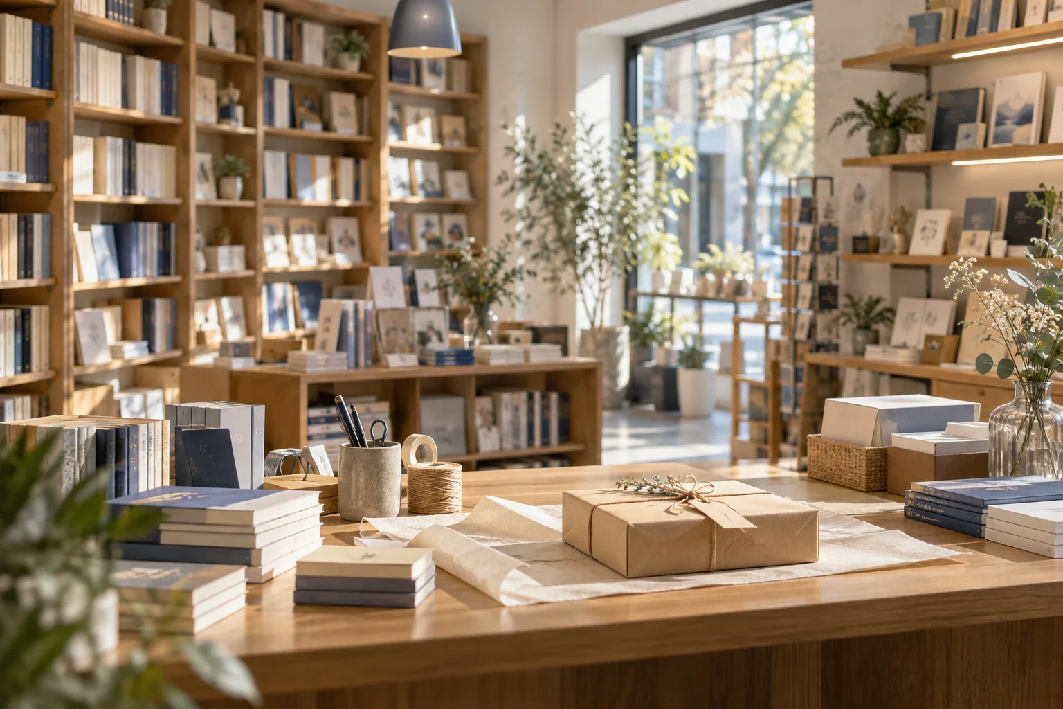 小型图书与文创门店的货架和包装区,书脊无可读文字,表现经营条件准备