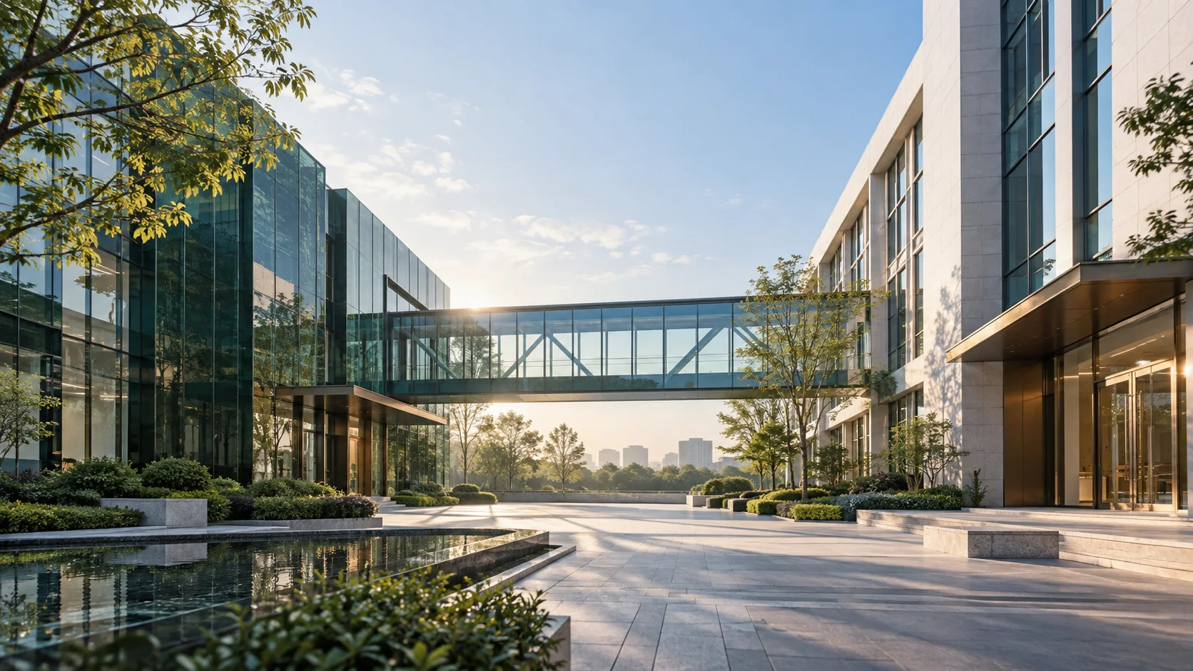 两翼不同材质的建筑通过通透廊桥相连,体量真实克制,以空间关系表达调整与协同