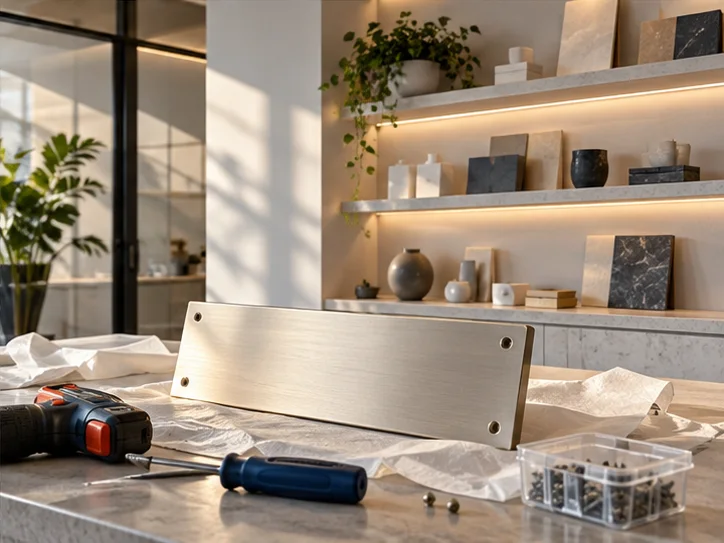 新工作室的样品展示墙刚布置好，未安装的空白门牌与工具放在前景，表达搬迁更新