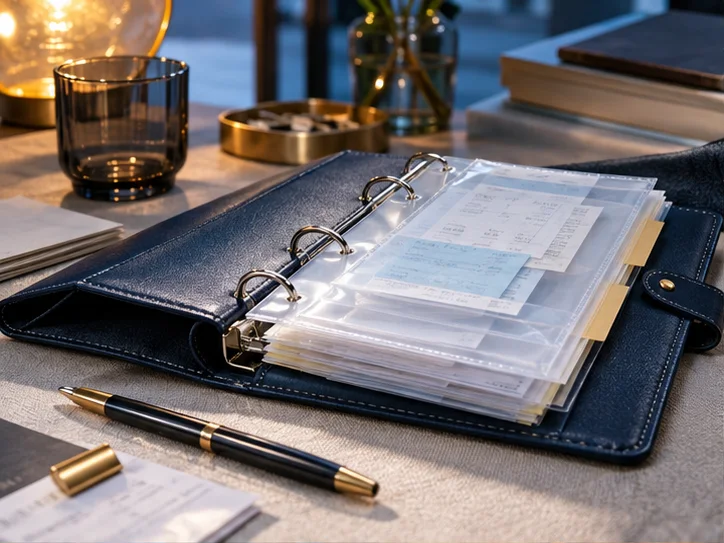 皮革册页、半透明凭证隔页和少量实物产品标签,表现业务记录与核算之间的联系