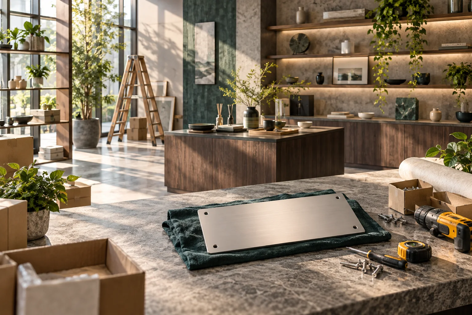 新工作室的样品展示墙刚布置好,未安装的空白门牌与工具放在前景,表达搬迁更新