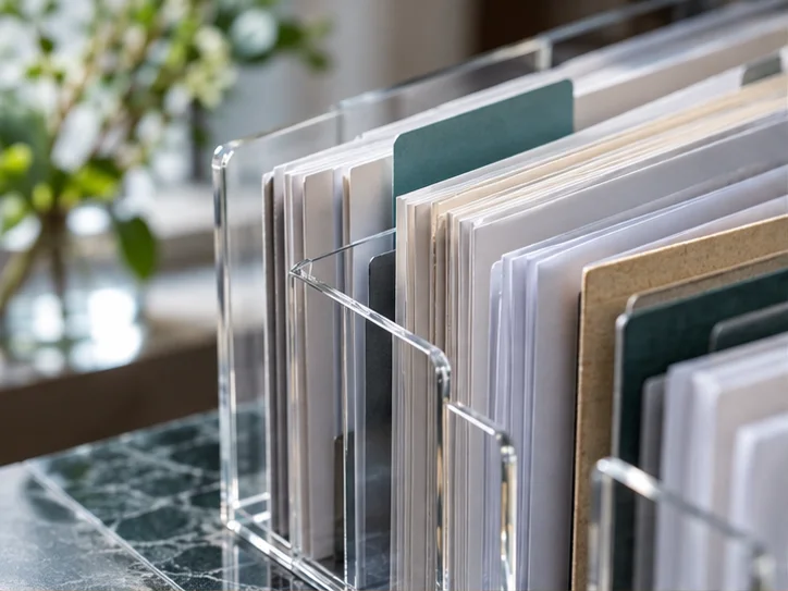 透明档案隔板、整理好的凭证边缘与细窄反光，突出记录清楚可查