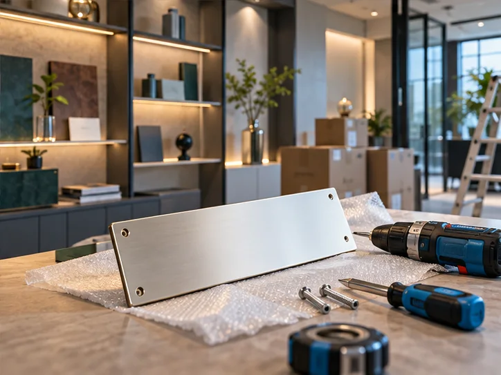 新工作室的样品展示墙刚布置好，未安装的空白门牌与工具放在前景，表达搬迁更新