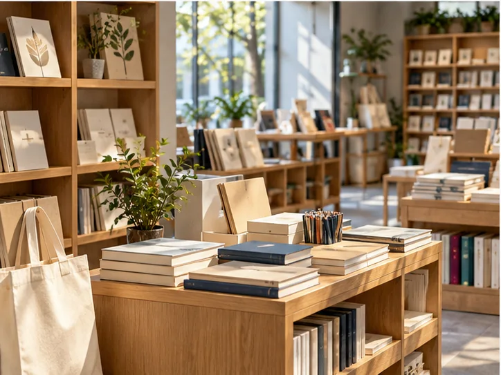 小型图书与文创门店的货架和包装区，书脊无可读文字，表现经营条件准备