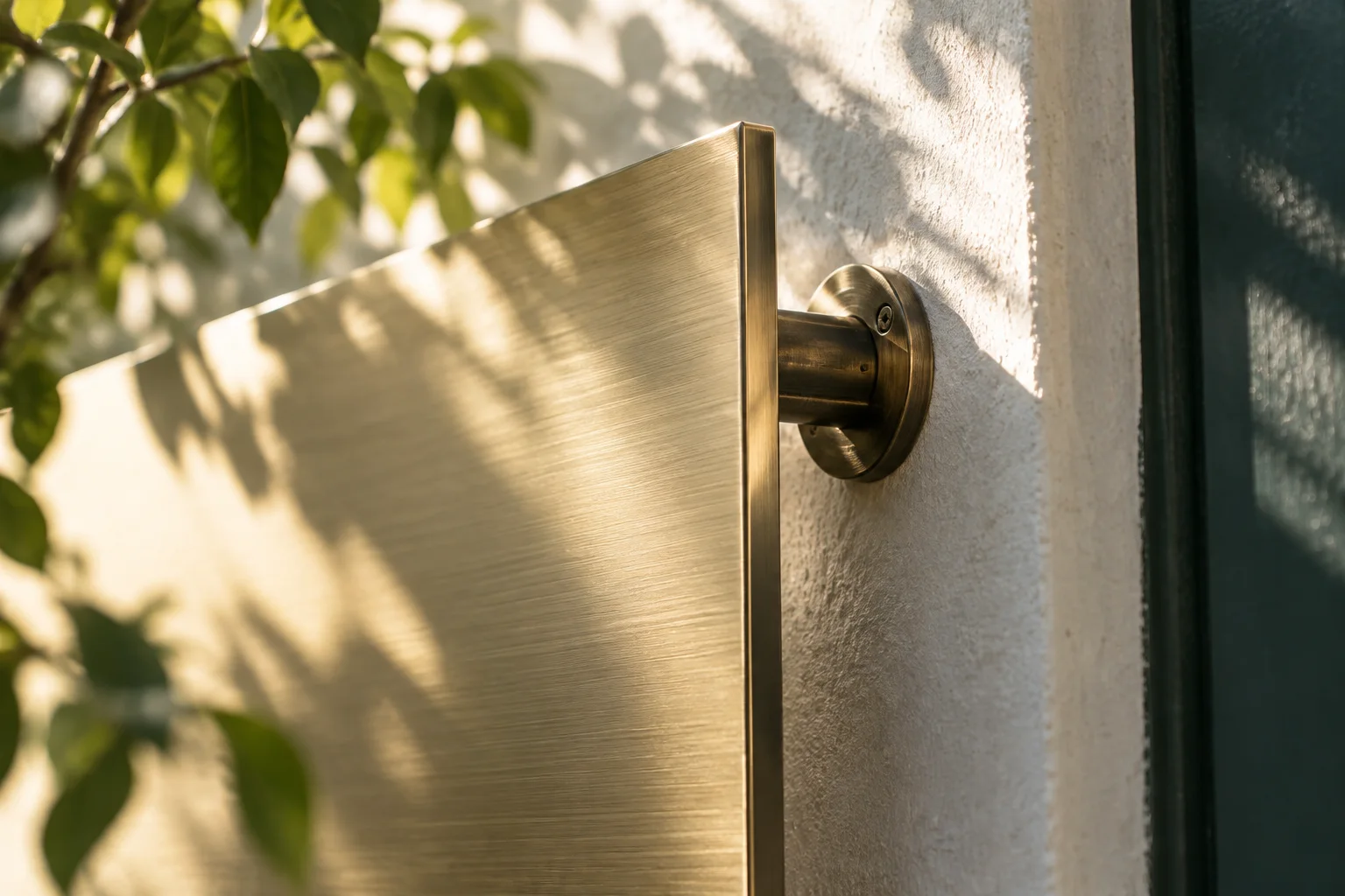 无字拉丝金属门牌边缘与隐藏安装件的精细接合，材质真实而不展示公司名称