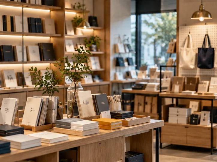 小型图书与文创门店的货架和包装区，书脊无可读文字，表现经营条件准备
