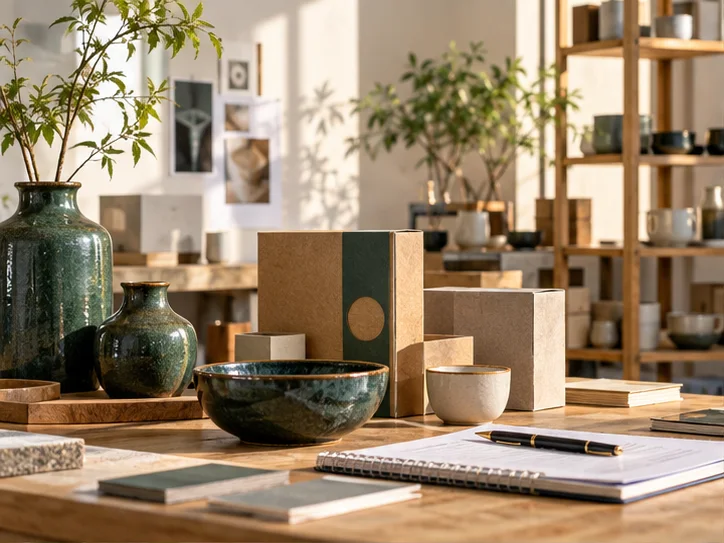 产品设计工作室的陶瓷和包装样品，旁边只有少量业务记录，账务支持产品经营的关系明确