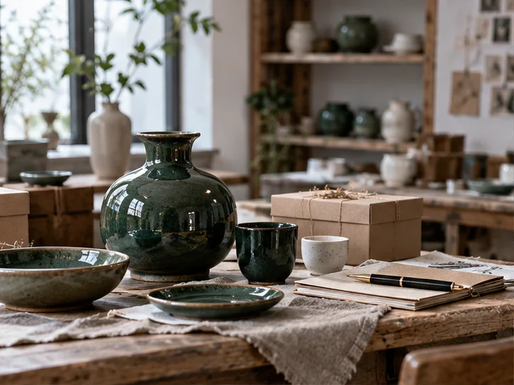 产品设计工作室的陶瓷和包装样品,旁边只有少量业务记录,账务支持产品经营的关系明确