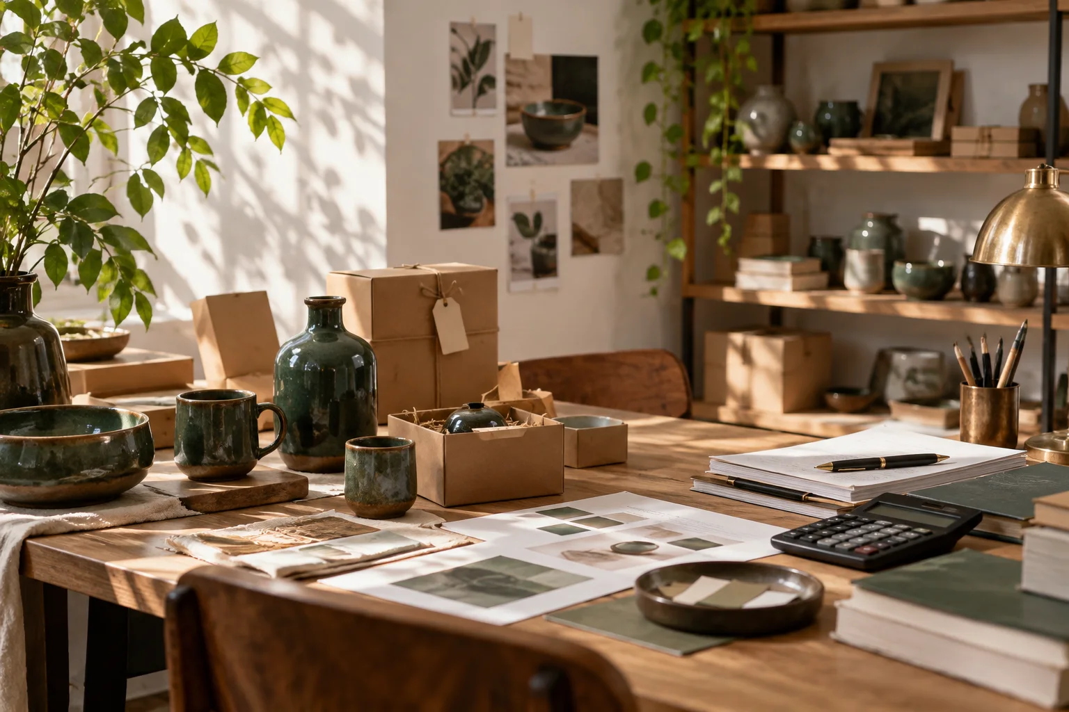 产品设计工作室的陶瓷和包装样品，旁边只有少量业务记录，账务支持产品经营的关系明确