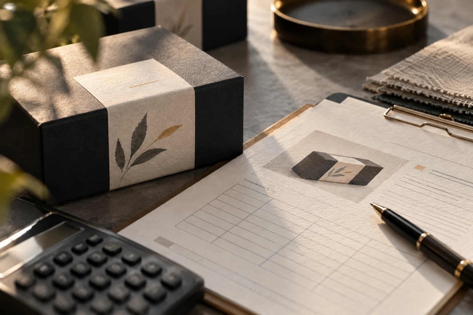 产品样品的纹理与对应记录卡的纸张纤维同时入焦，表现账务贴近真实业务