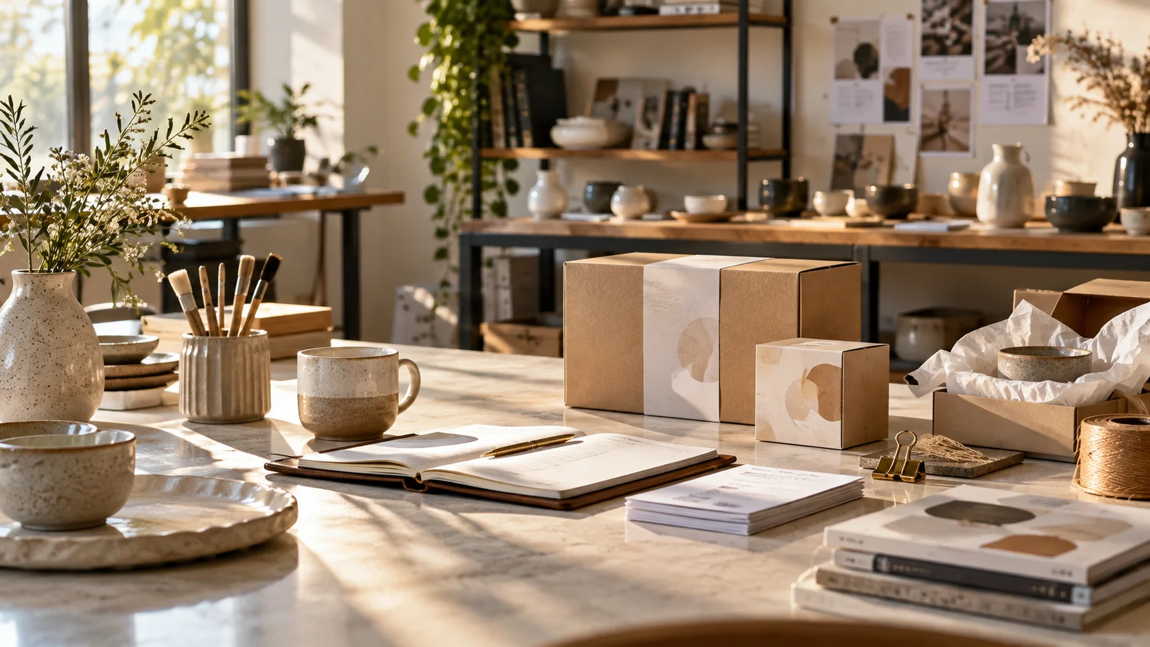 产品设计工作室的陶瓷和包装样品,旁边只有少量业务记录,账务支持产品经营的关系明确