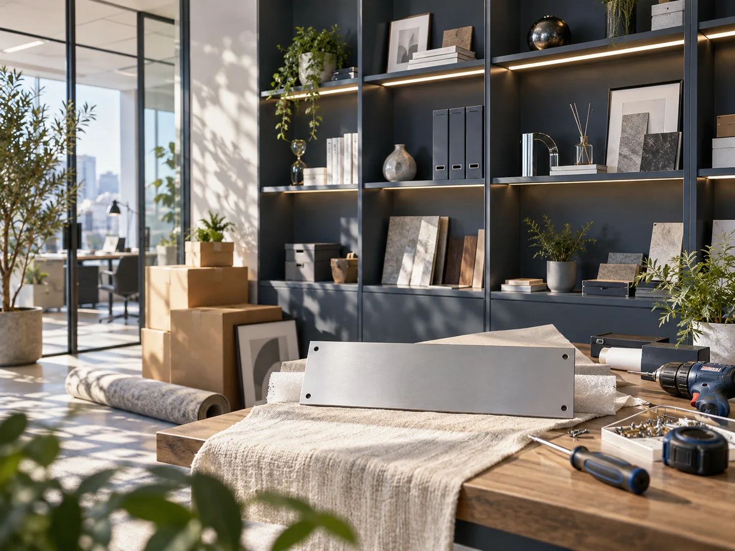 新工作室的样品展示墙刚布置好，未安装的空白门牌与工具放在前景，表达搬迁更新