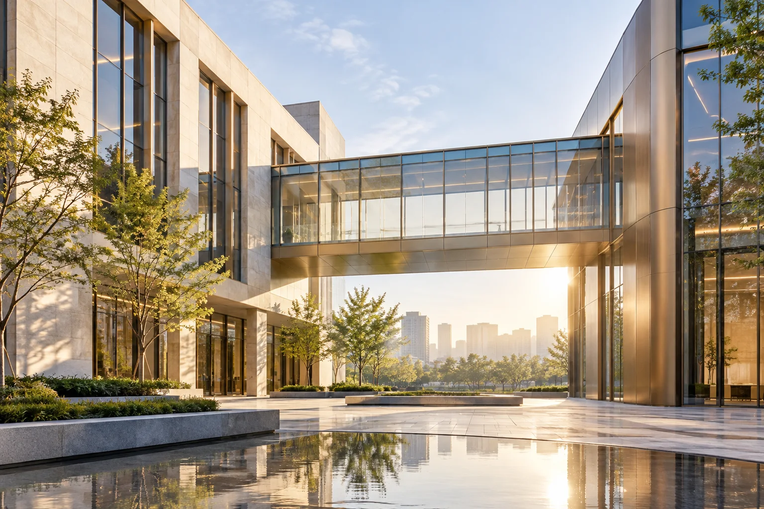 两翼不同材质的建筑通过通透廊桥相连,体量真实克制,以空间关系表达调整与协同