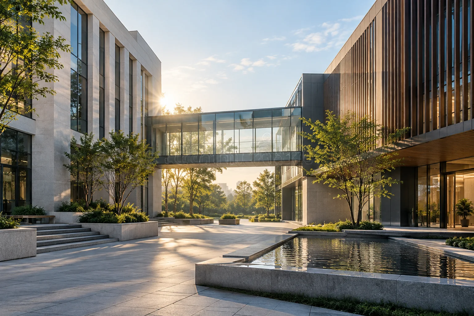 两翼不同材质的建筑通过通透廊桥相连,体量真实克制,以空间关系表达调整与协同
