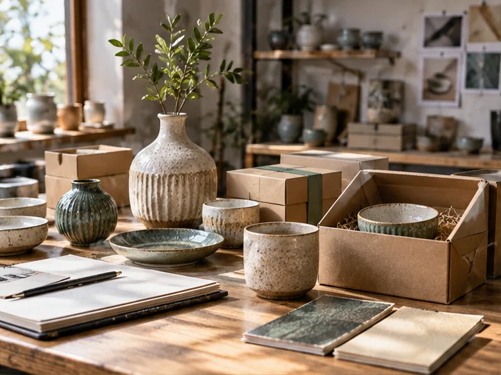 产品设计工作室的陶瓷和包装样品，旁边只有少量业务记录，账务支持产品经营的关系明确