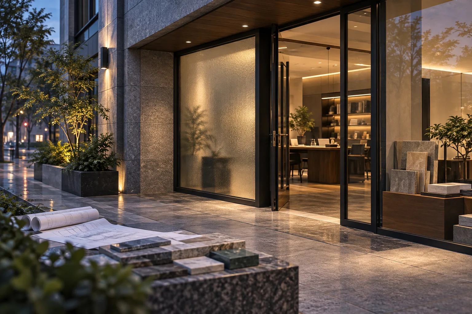 有石材门庭与磨砂玻璃的沿街商业空间,前景可见待布置的展示样品
