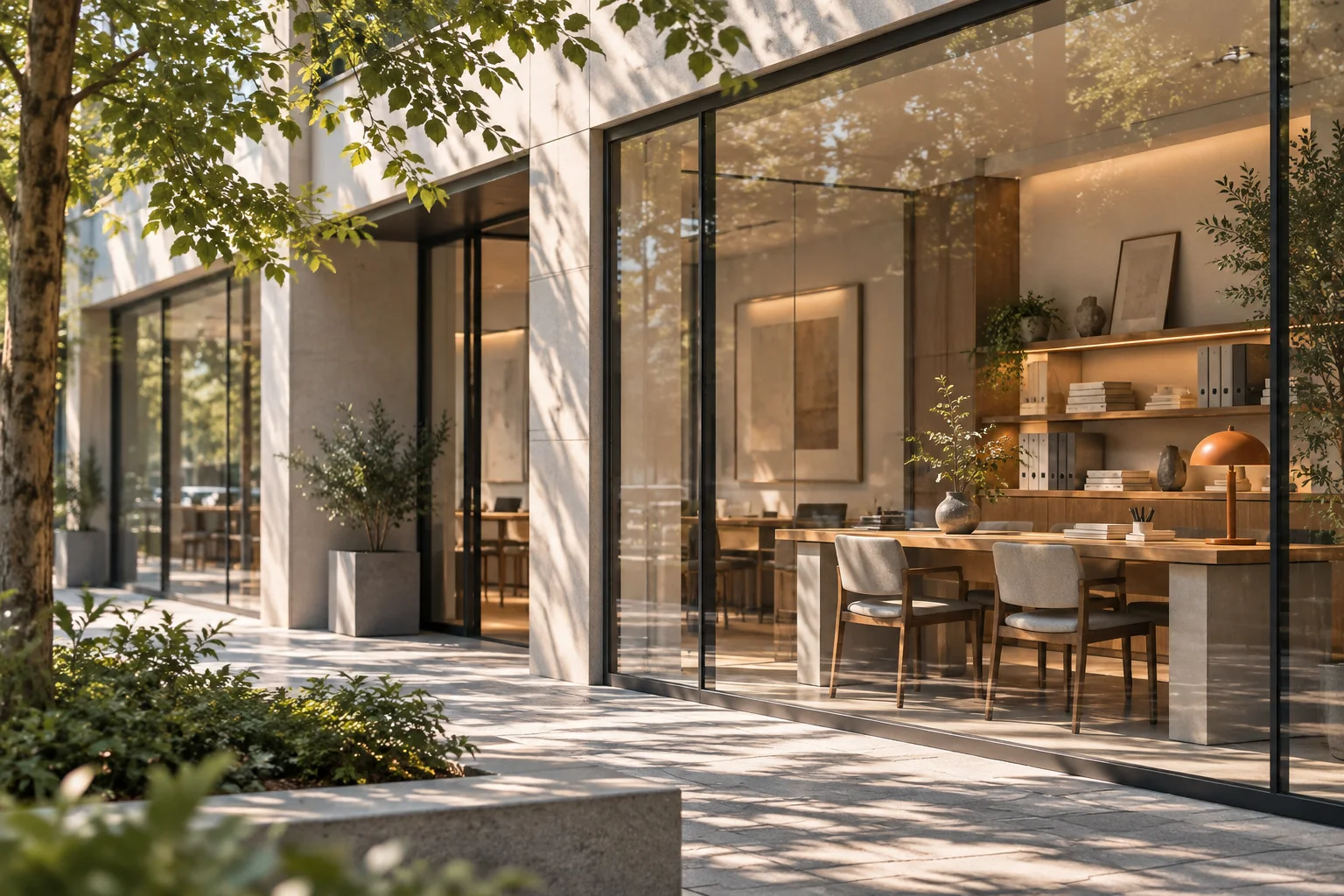 晨间商业建筑的侧立面,精心布置的橱窗成为小范围暖色焦点,前景树影与材质细节丰富