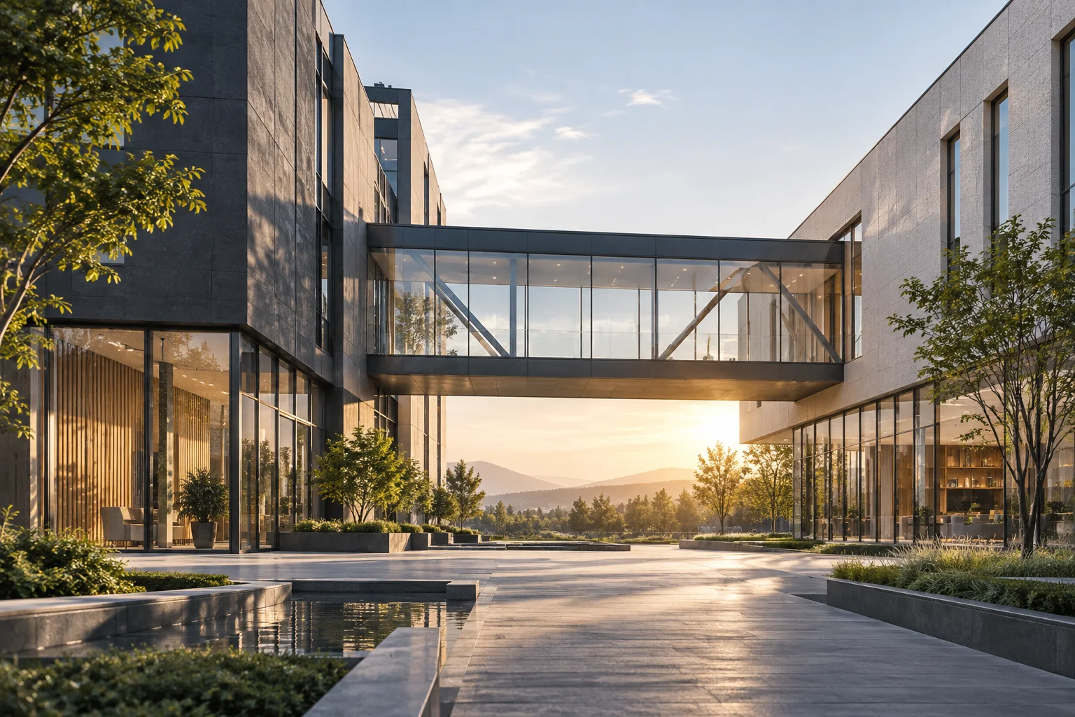 两翼不同材质的建筑通过通透廊桥相连，体量真实克制，以空间关系表达调整与协同