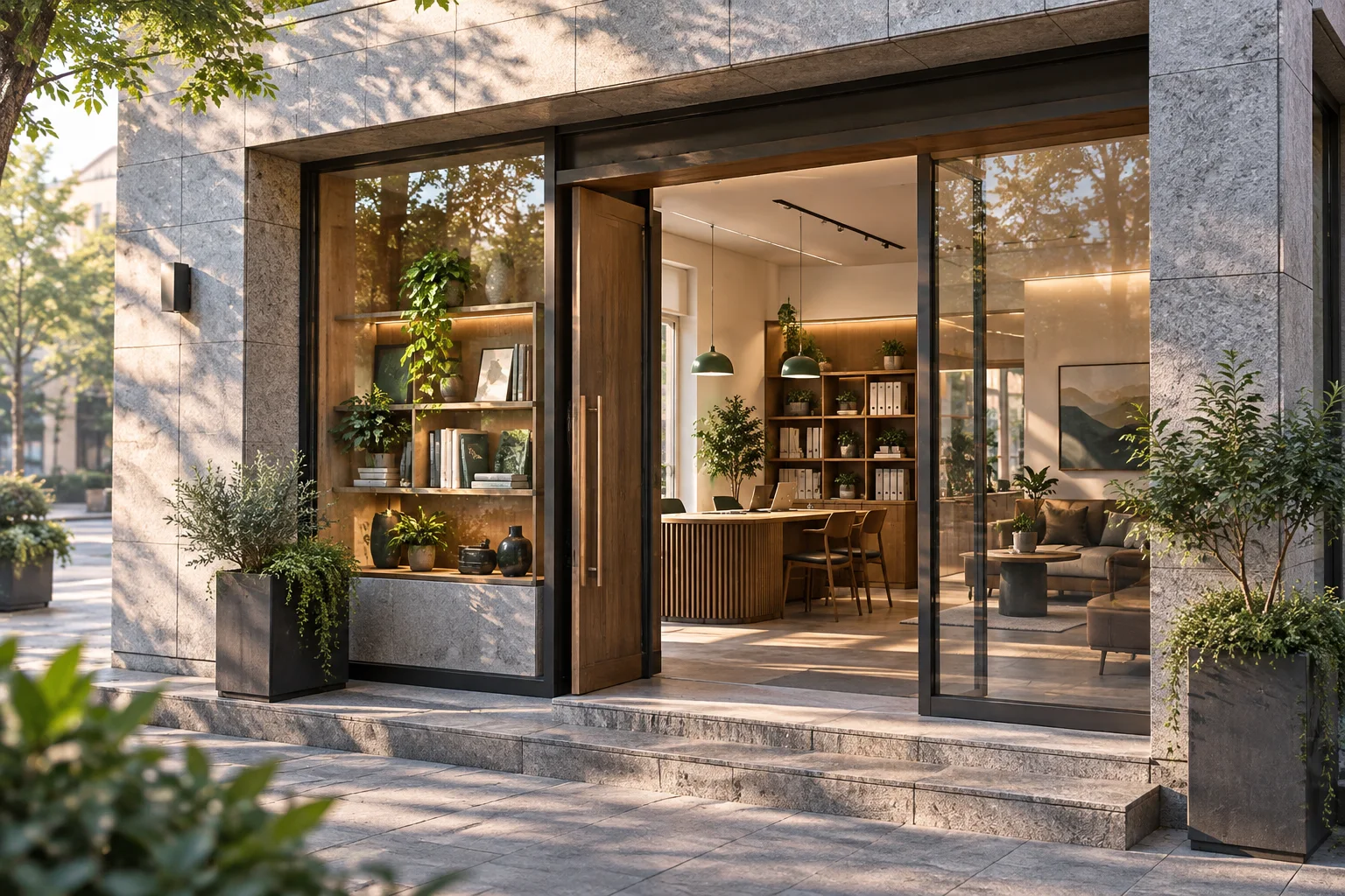 通透的现代街角独立店铺，石材门廊框住温暖的陈列空间，经营日常已从容展开