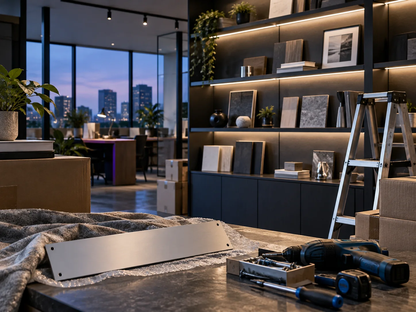 新工作室的样品展示墙刚布置好，未安装的空白门牌与工具放在前景，表达搬迁更新