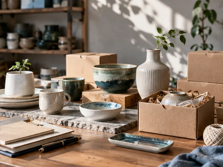 产品设计工作室的陶瓷和包装样品，旁边只有少量业务记录，账务支持产品经营的关系明确