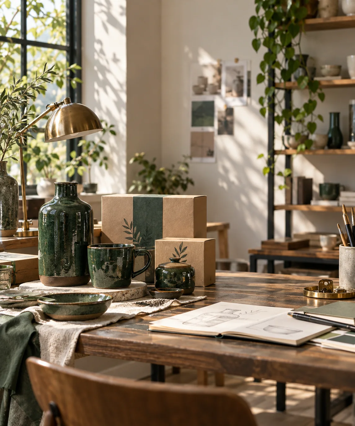 产品设计工作室的陶瓷和包装样品，旁边只有少量业务记录，账务支持产品经营的关系明确