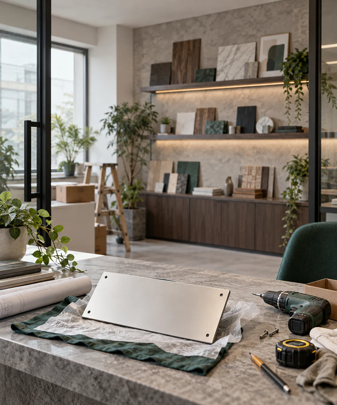 新工作室的样品展示墙刚布置好，未安装的空白门牌与工具放在前景，表达搬迁更新