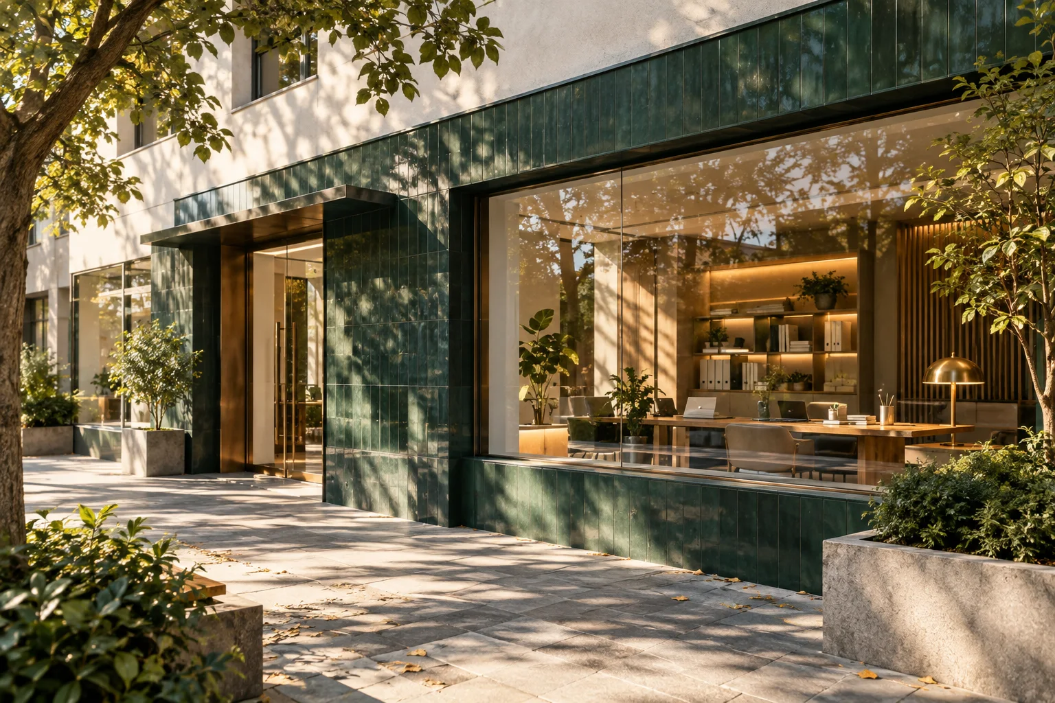 晨间商业建筑的侧立面,精心布置的橱窗成为小范围暖色焦点,前景树影与材质细节丰富