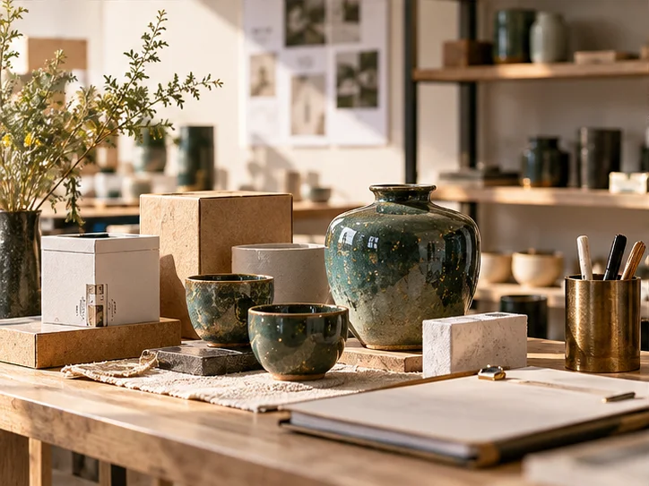 产品设计工作室的陶瓷和包装样品,旁边只有少量业务记录,账务支持产品经营的关系明确