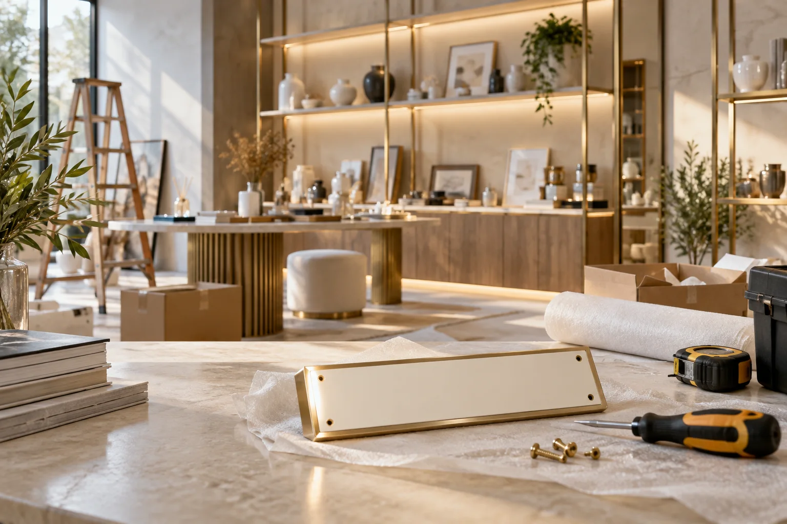 新工作室的样品展示墙刚布置好，未安装的空白门牌与工具放在前景，表达搬迁更新