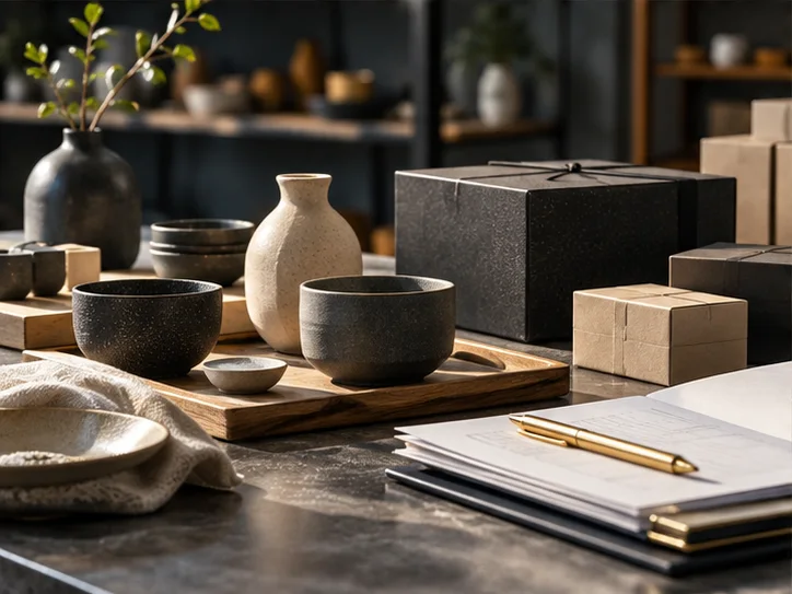 产品设计工作室的陶瓷和包装样品,旁边只有少量业务记录,账务支持产品经营的关系明确
